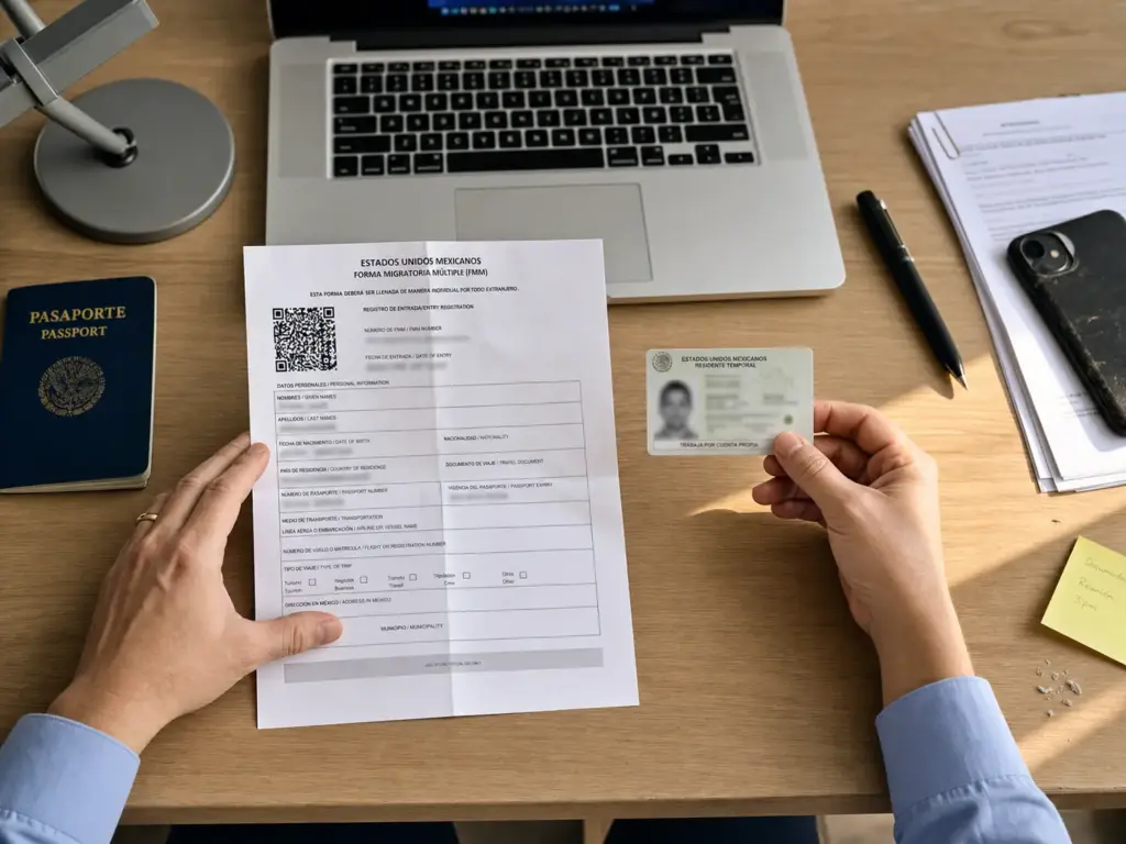 ¿Trabajas en México sin Permiso? Tus Derechos Siguen 2 Manos comparando una FMM digital impresa y una tarjeta de residente temporal sobre un escritorio