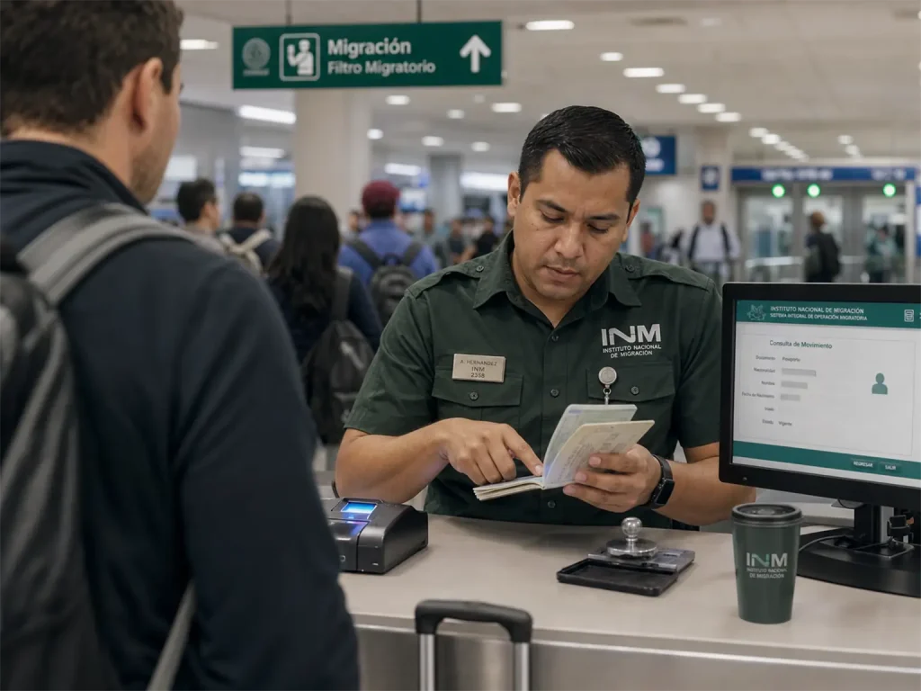 7 Errores Comunes del Canje de Visa y Cómo Corregirlos 4 Agente del INM revisando pasaporte en el filtro migratorio de un aeropuerto mexicano