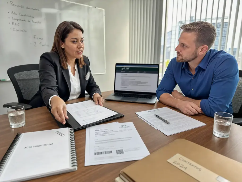 ¿Trabajas en México sin Permiso? Tus Derechos Siguen 3 Gerente de recursos humanos revisando el expediente de la CIE con un candidato extranjero en oficina corporativa
