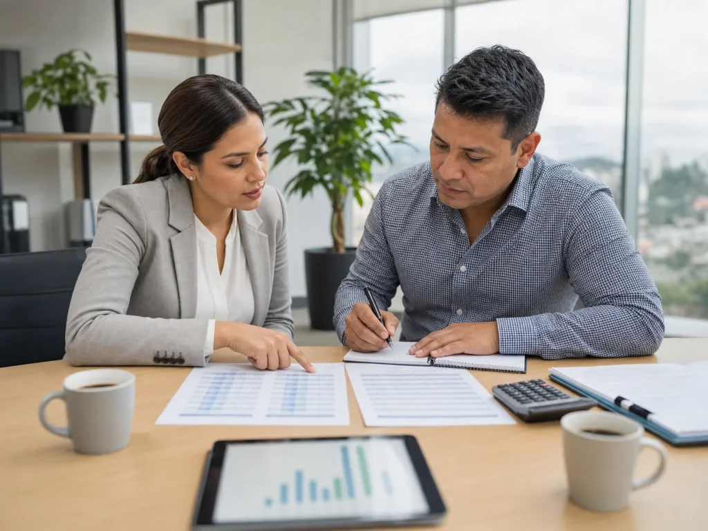 RIF vs RESICO ¿Cuál te Conviene Como Extranjero? 3 Consulta comparando RIF vs RESICO con abogada y cliente extranjero revisando tasas fiscales en documentos