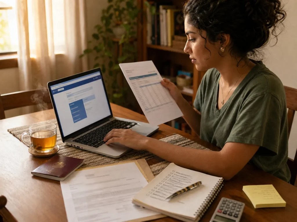 Estudiante extranjero prepara la solicitud de visa de estudiante con laptop y documentos de solvencia