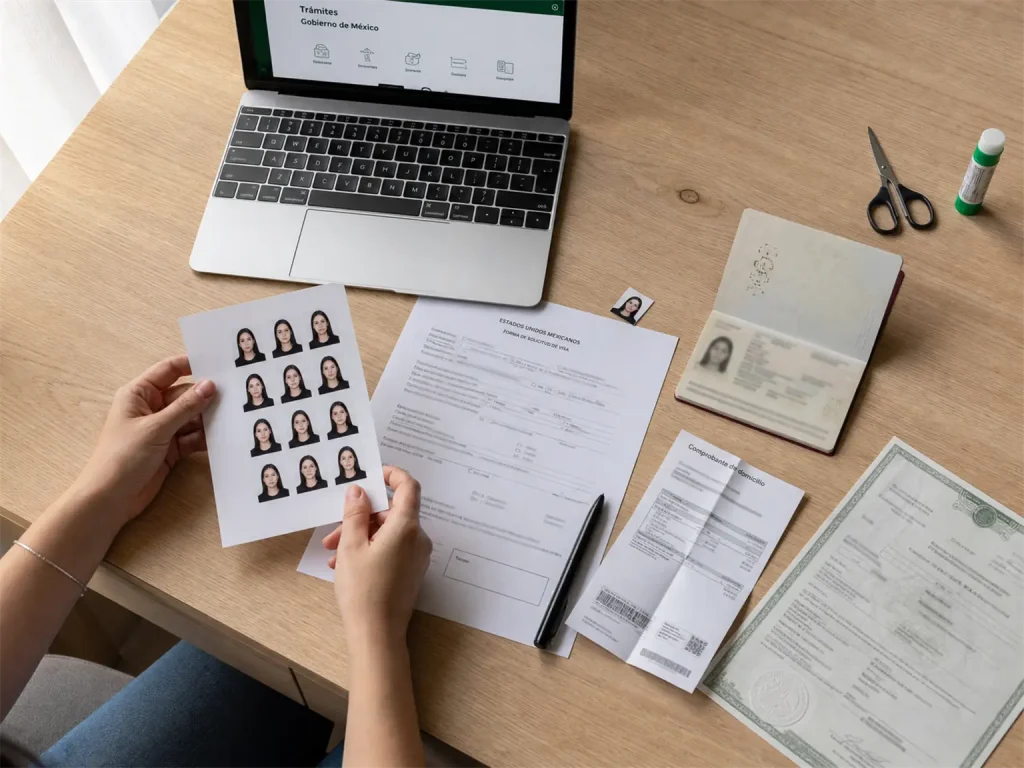 7 Errores Comunes del Canje de Visa y Cómo Corregirlos 5 Mesa de trabajo con documentos y fotografías tamaño infantil para el canje de visa en el INM