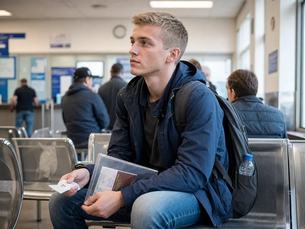Estudiante extranjero espera con pasaporte y expediente su cita de canje en una oficina del INM
