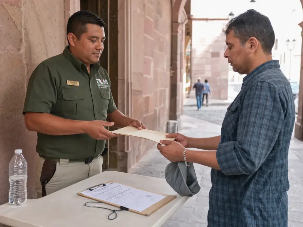 ¿Refugiado o Asilo Político? Cuál te Toca en México 4 Agente del INM recibe la solicitud de refugiado de un extranjero afuera de una oficina de gobierno en Querétaro