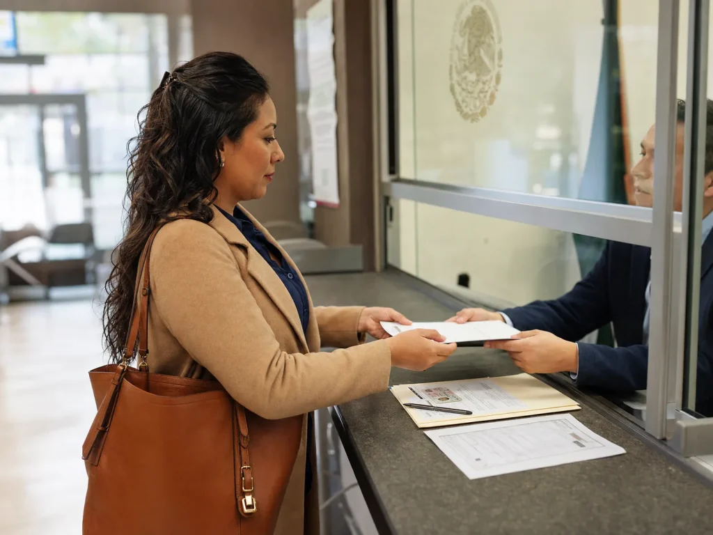 ¿Sin Tarjeta de Residente? Cómo Regresar a México 4 Extranjera realiza el trámite de reposición de documento migratorio en la ventanilla de un consulado mexicano