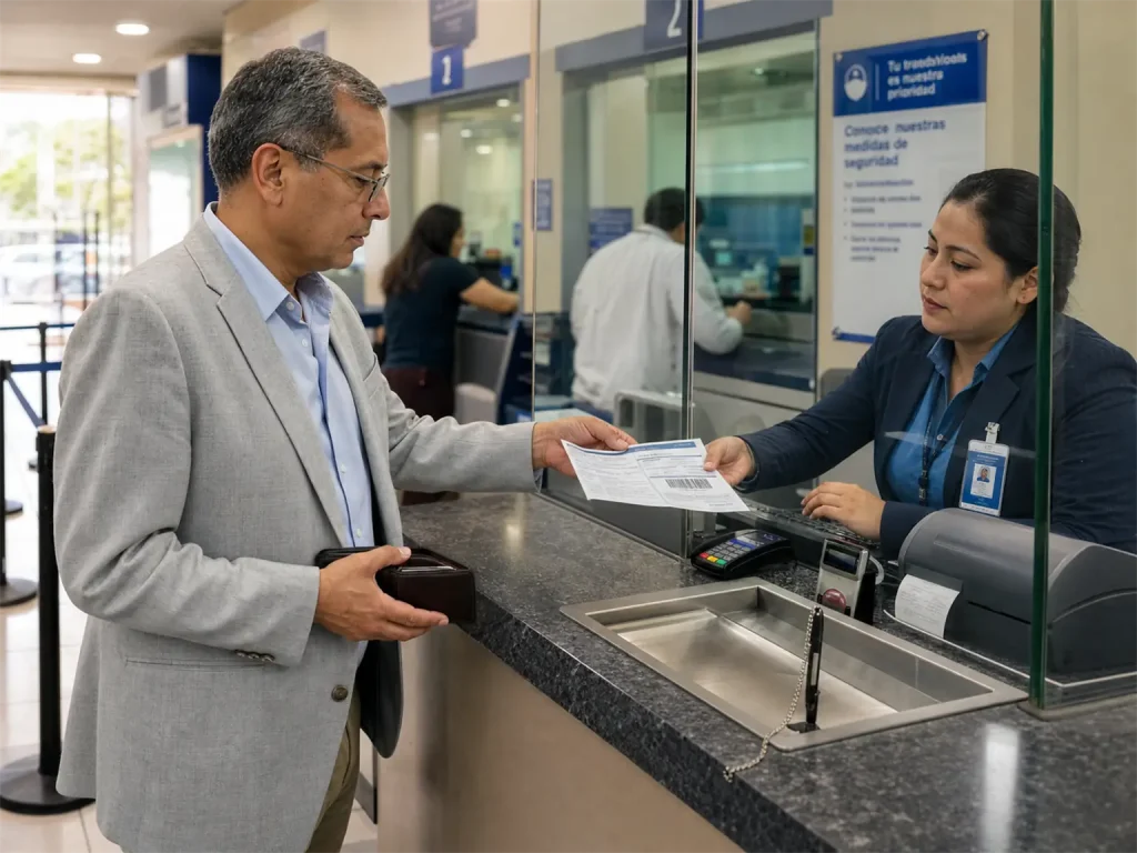 7 Errores Comunes del Canje de Visa y Cómo Corregirlos 6 Extranjero pagando derechos migratorios del canje de visa con hoja de ayuda en un banco mexicano