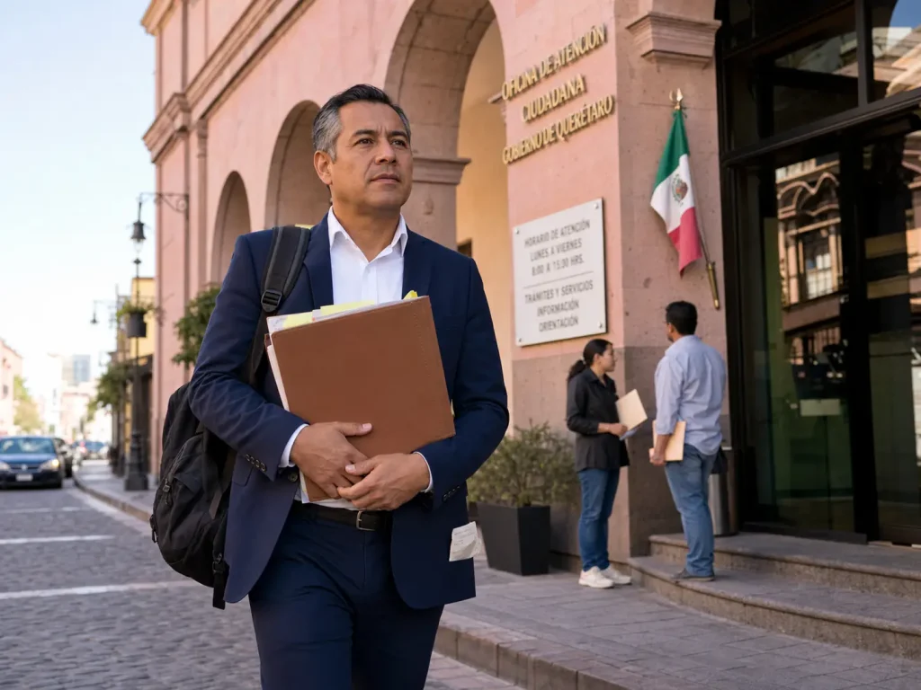 Representante legal llegando con su expediente a una oficina de gobierno en Querétaro para la cita del trámite CIE