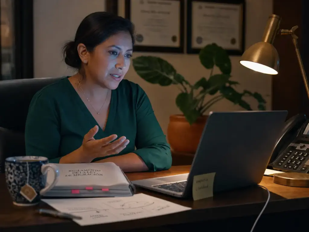 ¿Trabajas en México sin Permiso? Tus Derechos Siguen 6 Abogada migratoria explicando la ruta de regularizacion a un trabajador extranjero en videollamada