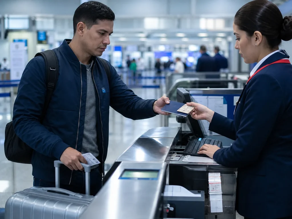 ¿Sin Tarjeta de Residente? Cómo Regresar a México 5 Pasajero residente muestra su documentación al agente de aerolínea en el mostrador antes de regresar a México