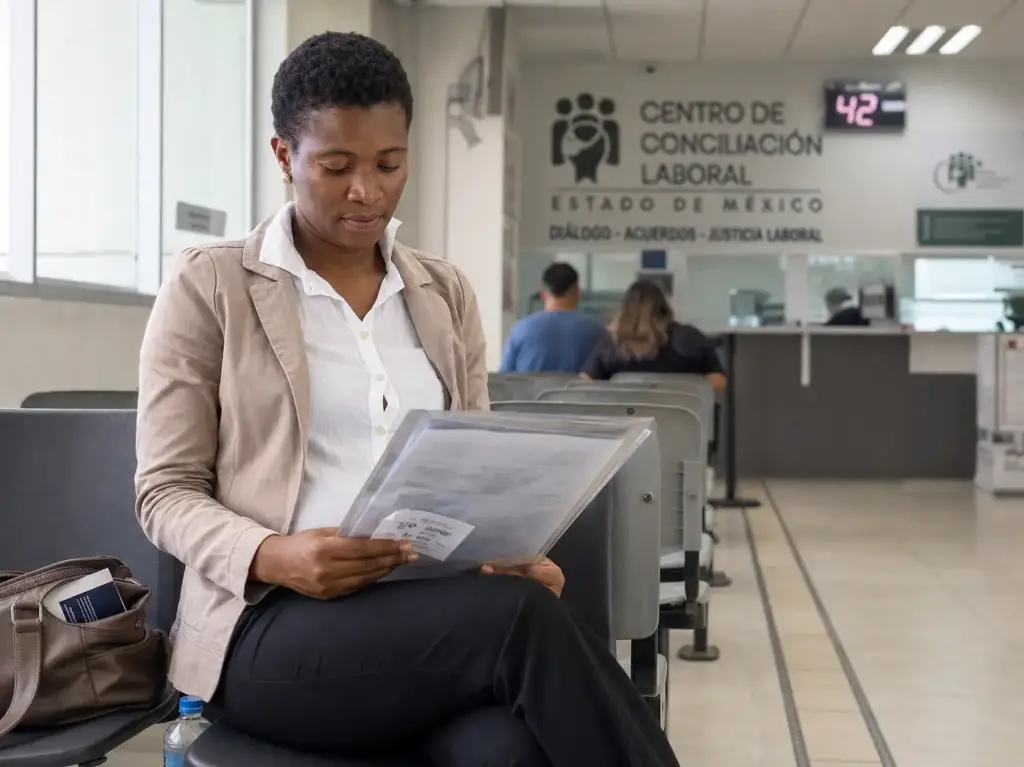¿Trabajas en México sin Permiso? Tus Derechos Siguen 7 Trabajadora extranjera esperando su turno en un centro de conciliacion laboral en Mexico