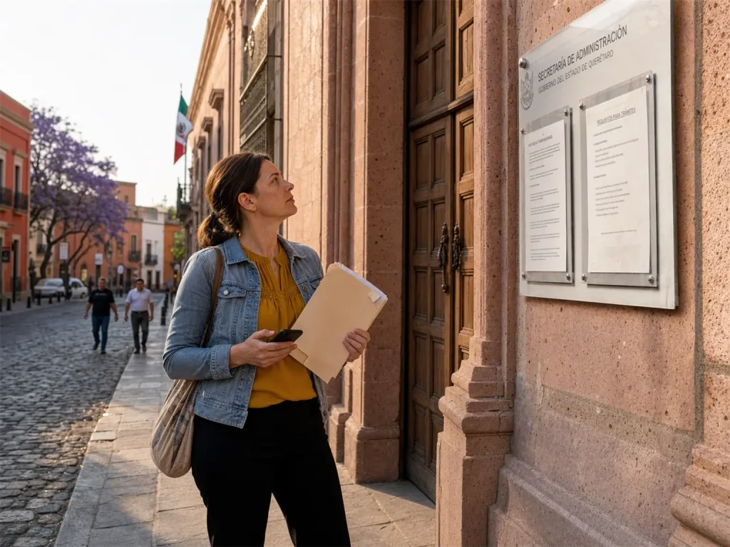 7 Errores Comunes del Canje de Visa y Cómo Corregirlos 8 Extranjera consultando la señalización de una oficina de gobierno en Querétaro para su trámite de canje de visa