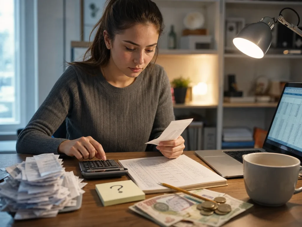 Estudiante suma con calculadora los costos de la visa, el canje y el permiso de trabajo en México