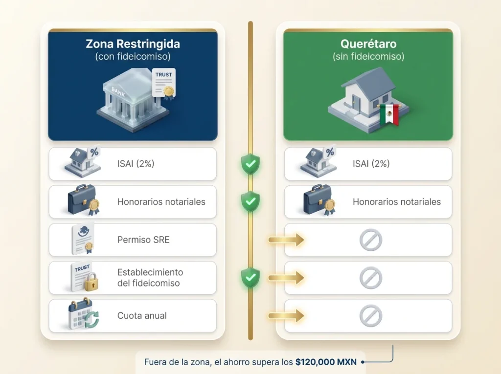 5 Errores al Comprar Propiedad en México Siendo Extranjero 6 Infografía comparando costos de comprar propiedad en zona restringida con fideicomiso vs. Querétaro sin fideicomiso
