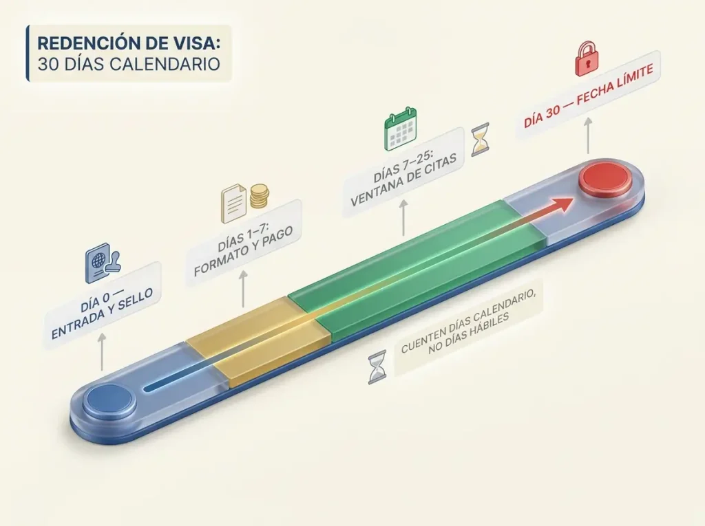 Cómo Canjear tu Visa en México en 30 Días Naturales 4 Infografía mostrando la línea de tiempo de 30 días naturales para el canje de visa con hitos de formato, cita y límite