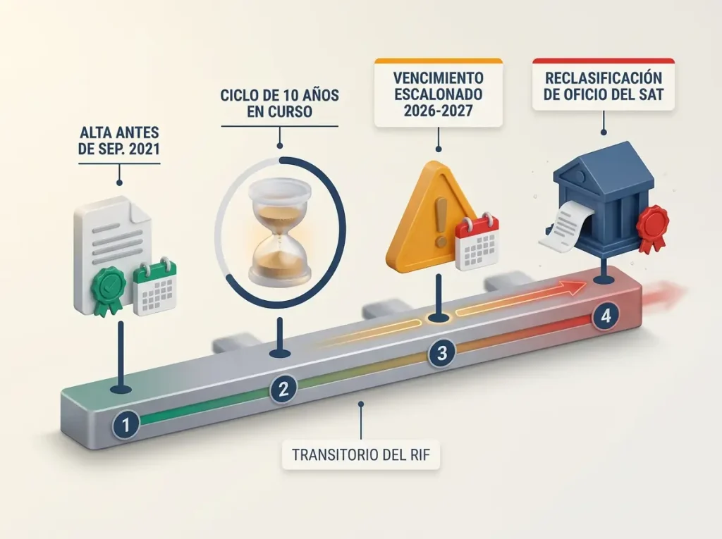 RIF vs RESICO ¿Cuál te Conviene Como Extranjero? 10 Infografía de línea de tiempo mostrando el vencimiento escalonado del transitorio RIF entre 2026 y 2027 y la reclasificación del SAT