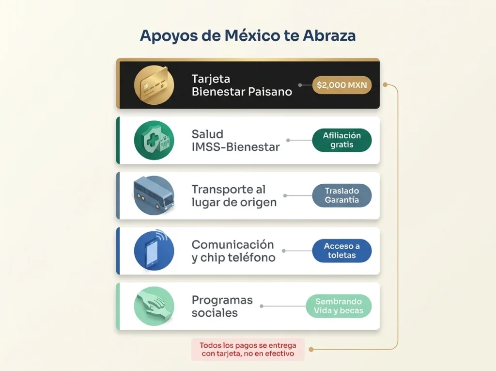 Repatriación en México y el Apoyo de $2,000 en 2026 5 Infografía de los apoyos del programa México te Abraza: Tarjeta Bienestar Paisano, salud IMSS, transporte y más, con montos