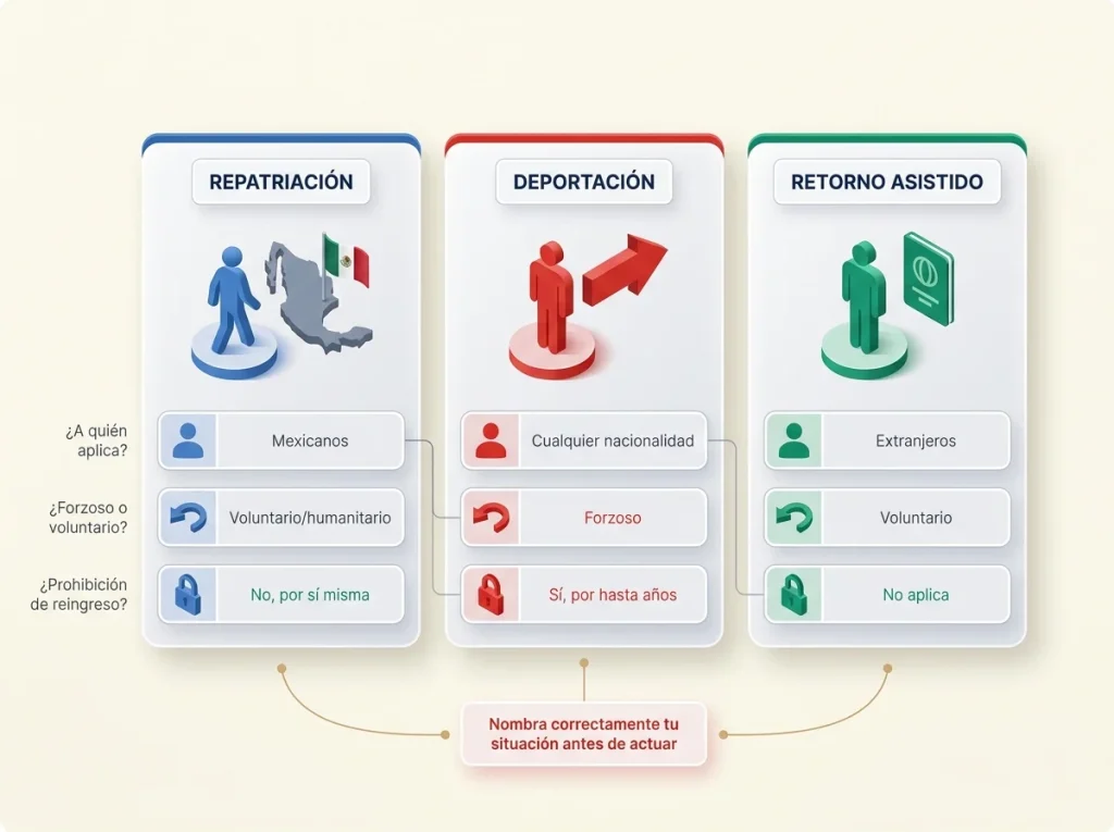 Repatriación en México y el Apoyo de $2,000 en 2026 2 Infografía comparando repatriación, deportación y retorno asistido: a quién aplica, si es forzado y si prohíbe reingreso