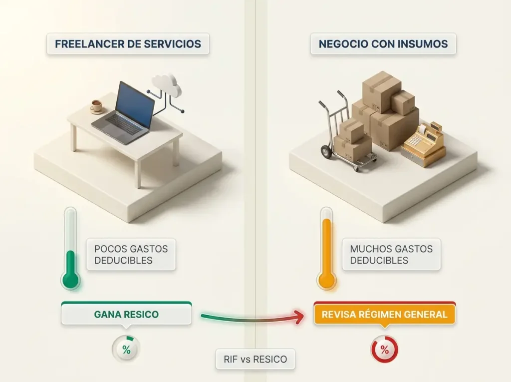 RIF vs RESICO ¿Cuál te Conviene Como Extranjero? 4 Infografía comparando tasa efectiva de RESICO entre freelancer de servicios y negocio con insumos, con recomendación de régimen