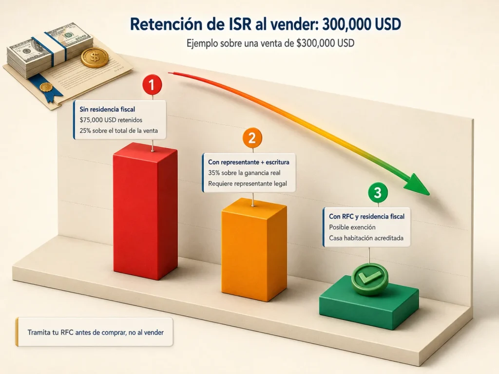El Fideicomiso No Es una Trampa para Comprar en la Playa 7 Infografía con gráfico de barras comparando la retención de ISR en tres escenarios fiscales sobre una venta de 300,000 USD