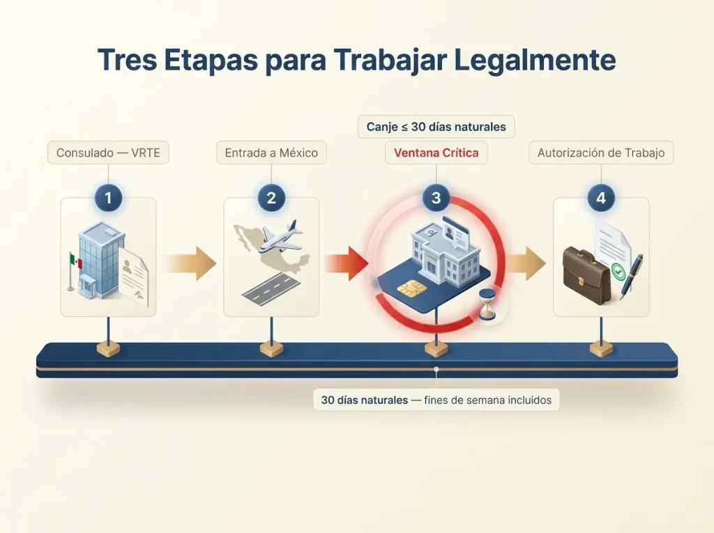 Infografía mostrando las 3 fases para trabajar legal siendo estudiante en México, con ventana crítica de 30 días para el canje