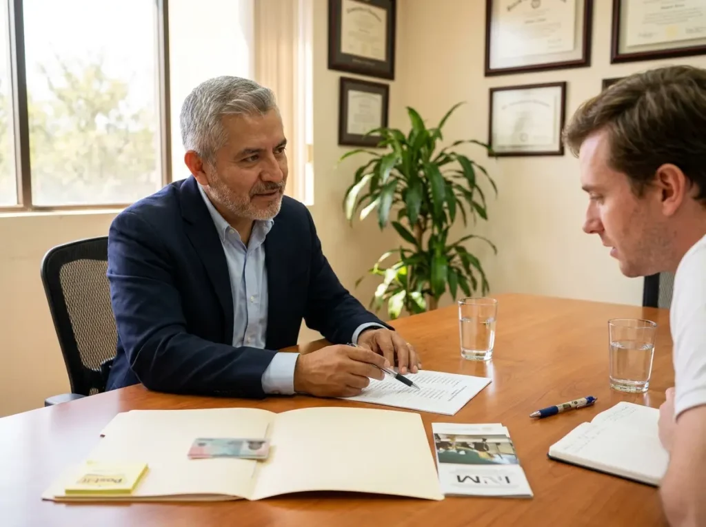 Abogado migratorio explica a un residente extranjero qué cambios debe avisar al INM en una consulta