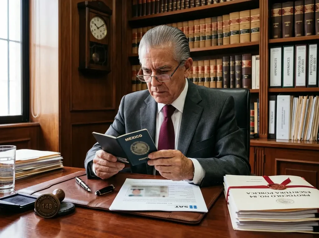 5 Errores al Comprar Propiedad en México Siendo Extranjero 3 Notario público coteja pasaporte, tarjeta de residente y RFC de un comprador extranjero antes de escriturar