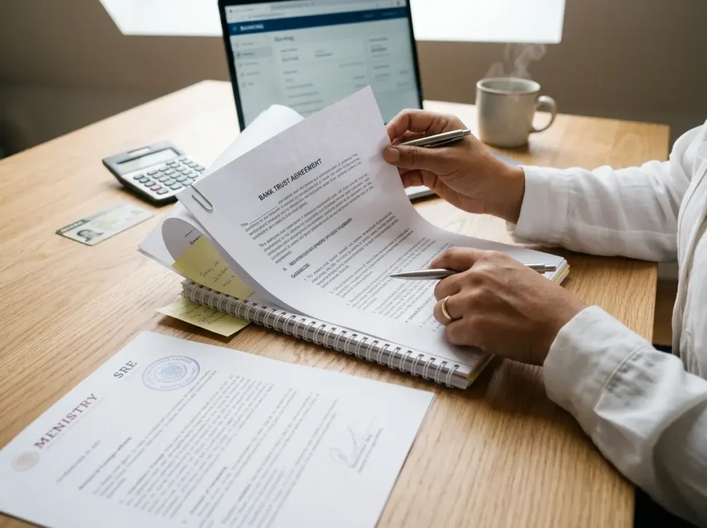 5 Errores al Comprar Propiedad en México Siendo Extranjero 2 Manos revisando el contrato de fideicomiso bancario y el permiso de la SRE para propiedad de extranjero