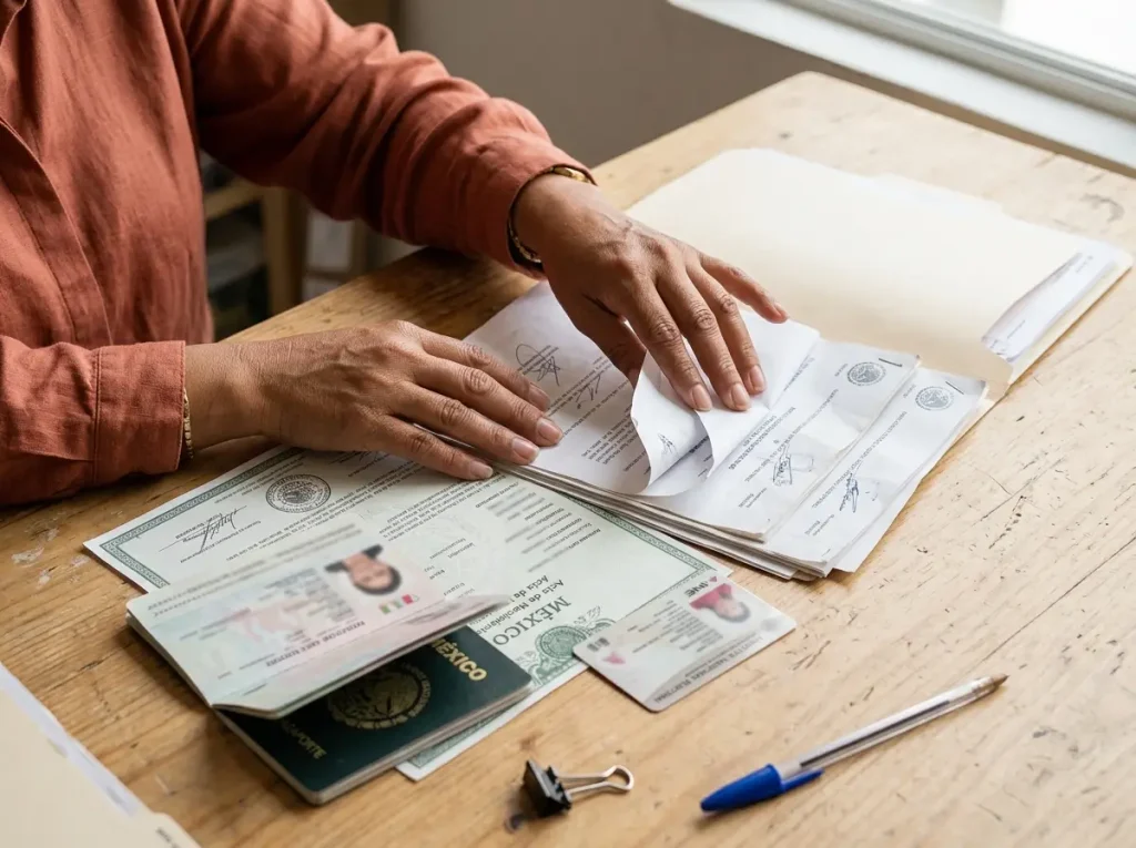 ¿El Formato SAM para Menores Ya No Es Gratis? 3 Documentos para el Formato SAM sobre una mesa: pasaporte del menor, acta de nacimiento y copias