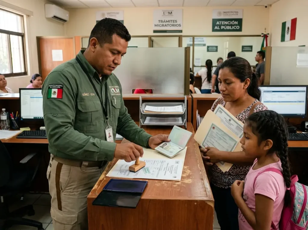 ¿El Formato SAM para Menores Ya No Es Gratis? 4 Agente del INM sella el Formato SAM con el menor presente en una oficina de migración
