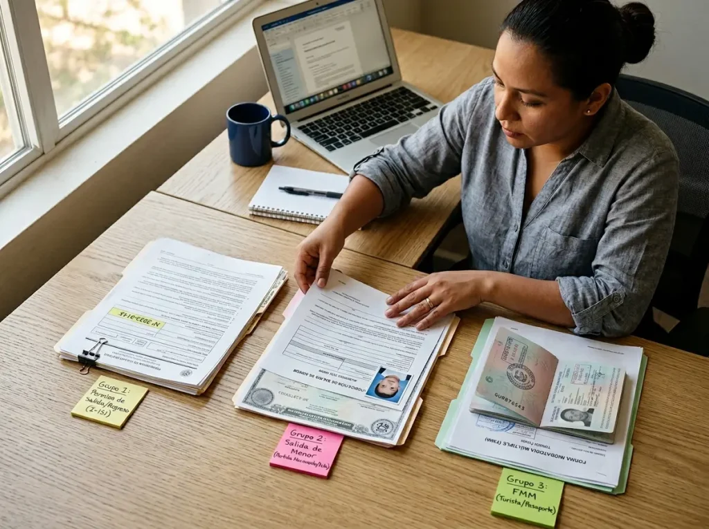 Permiso de Salida y Regreso, No Pierdas tu Trámite 2 Documentos sobre una mesa comparando el permiso de salida y regreso con el Formato SAM y la FMM