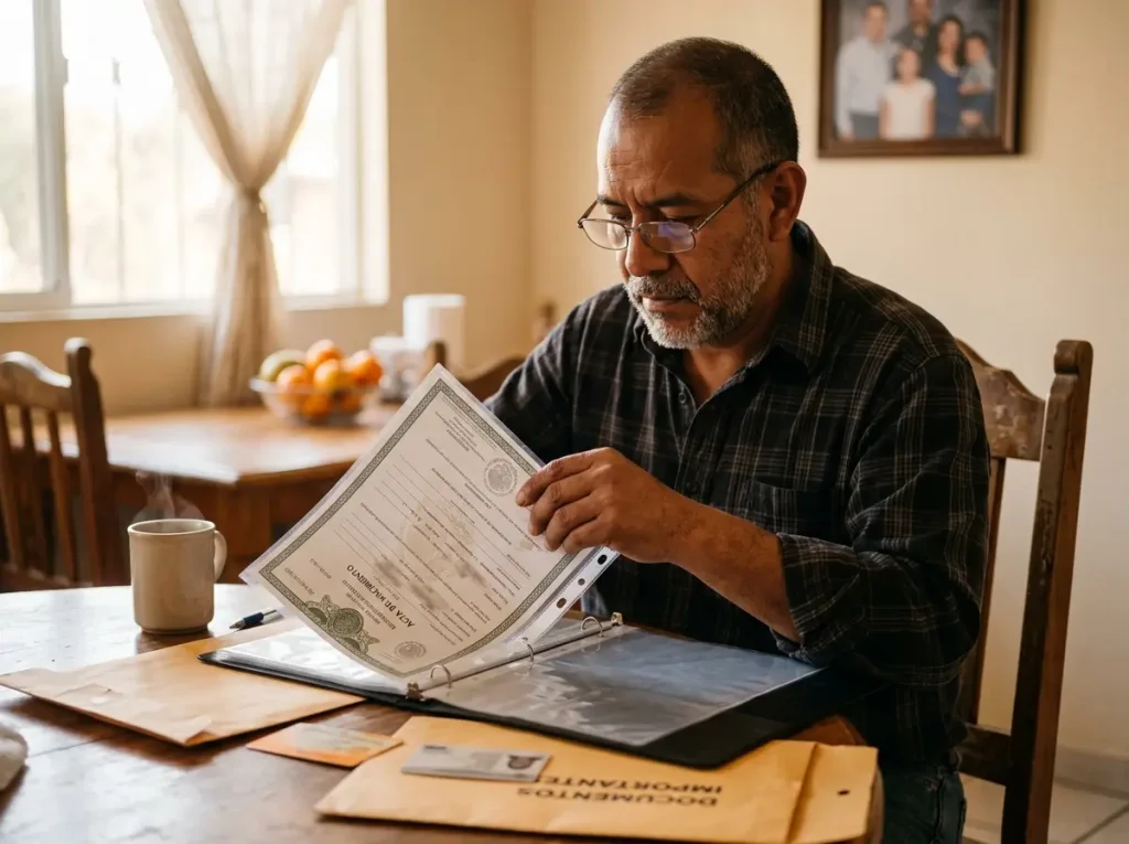 Repatriación en México y el Apoyo de $2,000 en 2026 6 Persona resguardando la Constancia de Repatriación en México junto a otros documentos personales