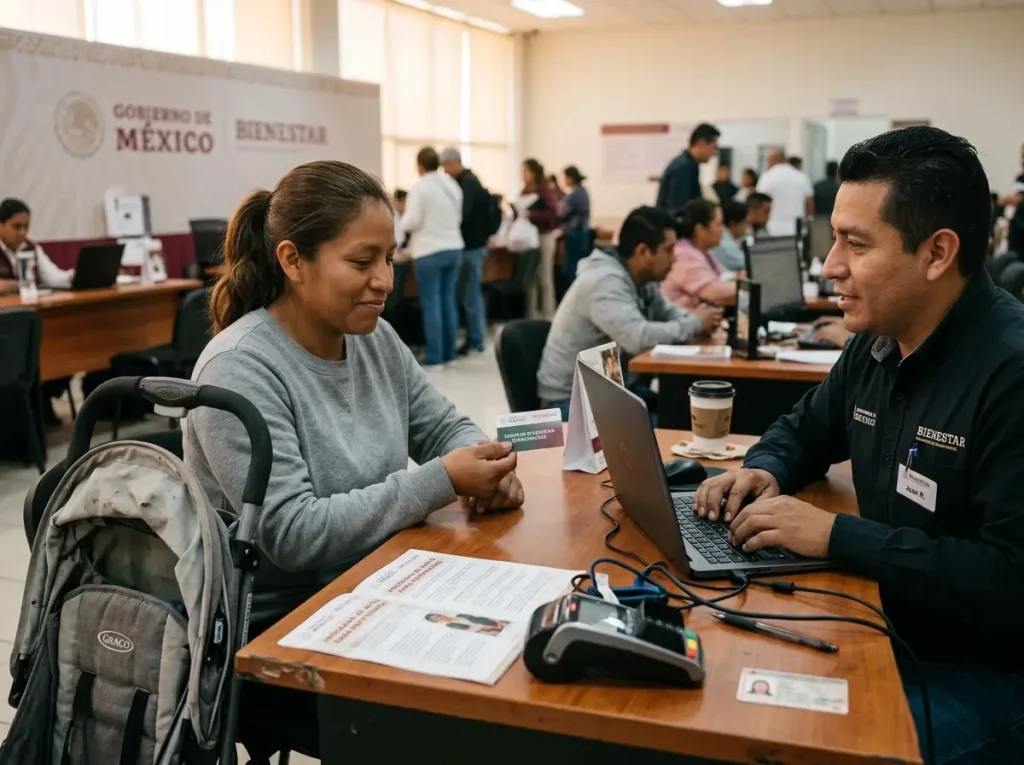 Repatriación en México y el Apoyo de $2,000 en 2026 4 Persona repatriada recibiendo la tarjeta de apoyo del programa de repatriación en México en un módulo