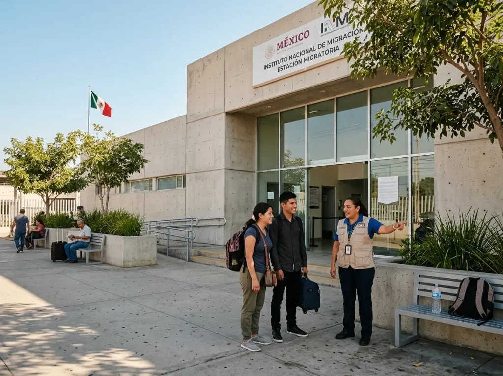 Repatriación en México y el Apoyo de $2,000 en 2026 3 Fachada de un módulo oficial de recepción para la repatriación en México con señalización institucional
