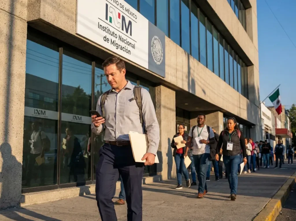 Exterior de una delegación del INM en México donde se realiza el canje de la visa por solvencia