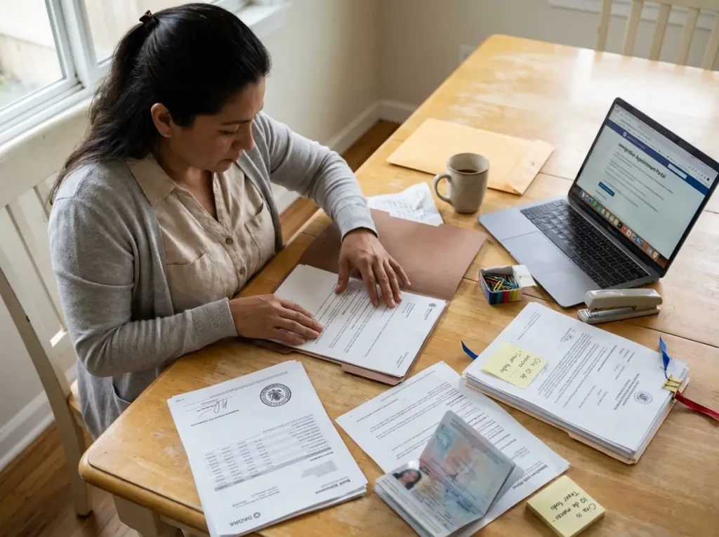Cliente extranjera organiza estados de cuenta sellados y documentos para la residencia por solvencia