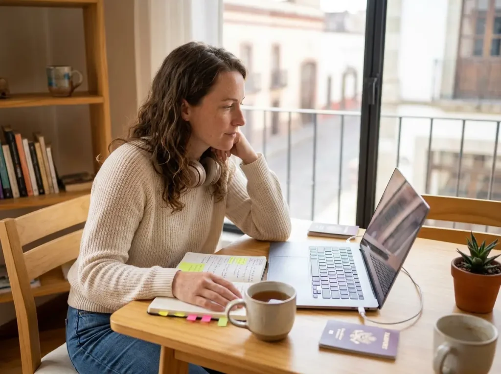 Trabajadora remota revisa en su laptop los perfiles que califican para la residencia por solvencia