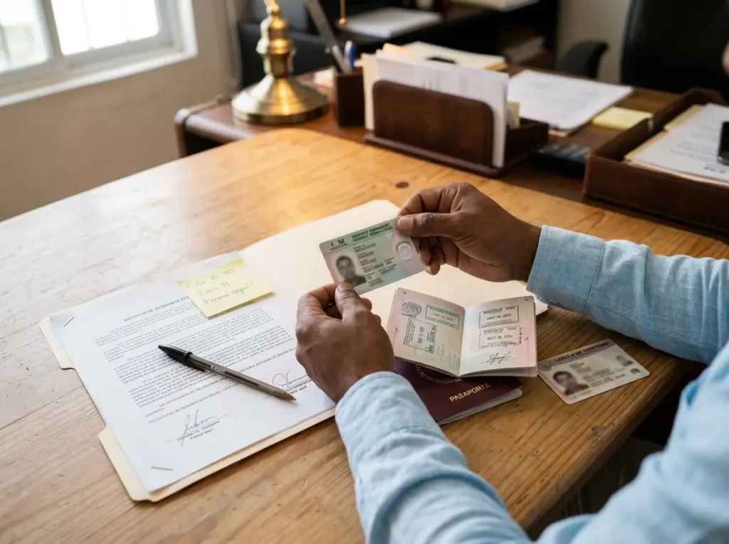 Por Qué tu Testamento Extranjero No Basta en México 1 Tarjeta de residente y pasaporte de extranjero junto a documentos para testamento en México