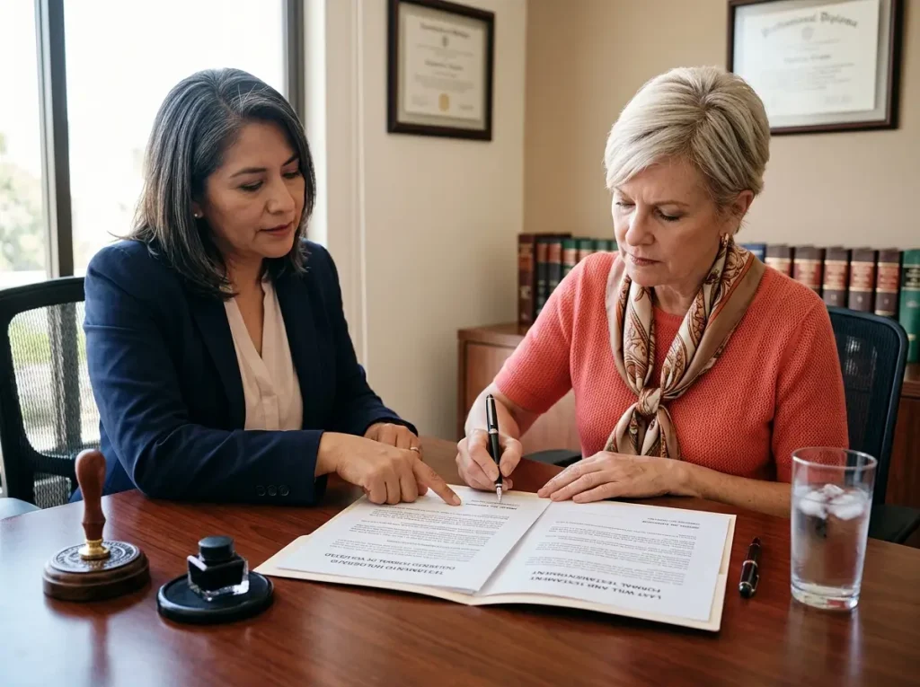 Por Qué tu Testamento Extranjero No Basta en México 3 Cliente extranjero firmando un testamento mexicano ante notaria durante la consulta