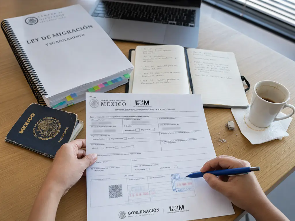 FMM y pasaporte sobre escritorio al revisar los 180 días del permiso de turista en México