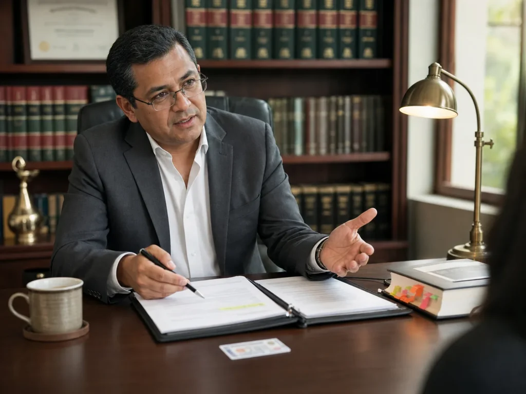 Abogado migratorio explicando a cliente extranjero por qué la residencia por oferta de empleo depende del empleador