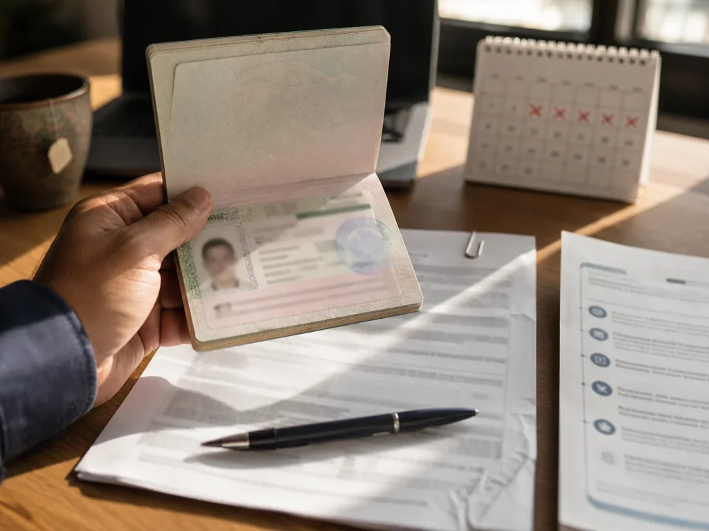 Pasaporte con visa de residencia mexicana sellada junto a documentos de canje pendientes sobre un escritorio