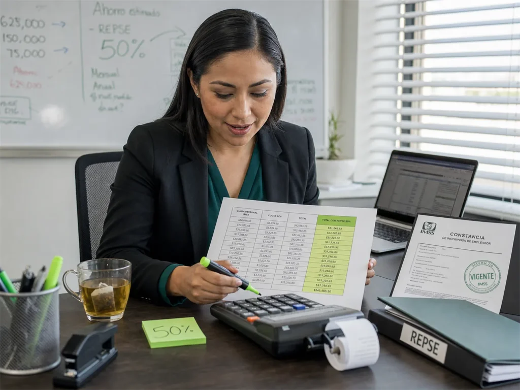 Checklist para Actualizar la Constancia de Empleador 6 Contadora calculando el descuento del 50% en derechos migratorios por mantener la constancia de empleador vigente