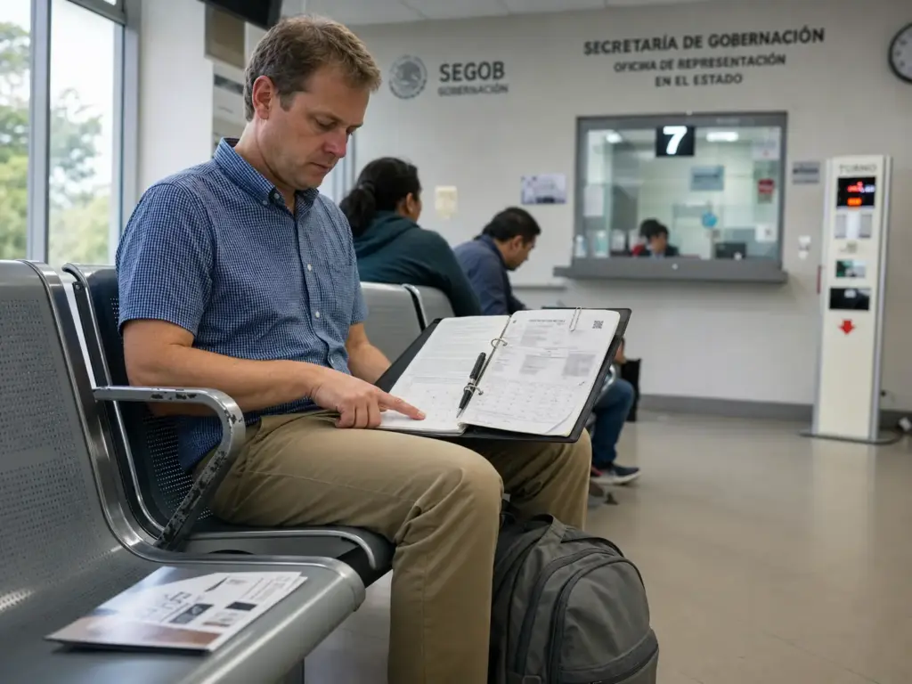 Turista a Residente por Vínculo Familiar sin Salir de México 5 Solicitante extranjero esperando resolución de su trámite migratorio en una oficina del INM