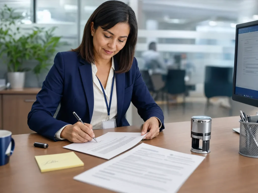 Representante de recursos humanos firmando una carta de continuidad laboral en papel membretado para renovar residencia