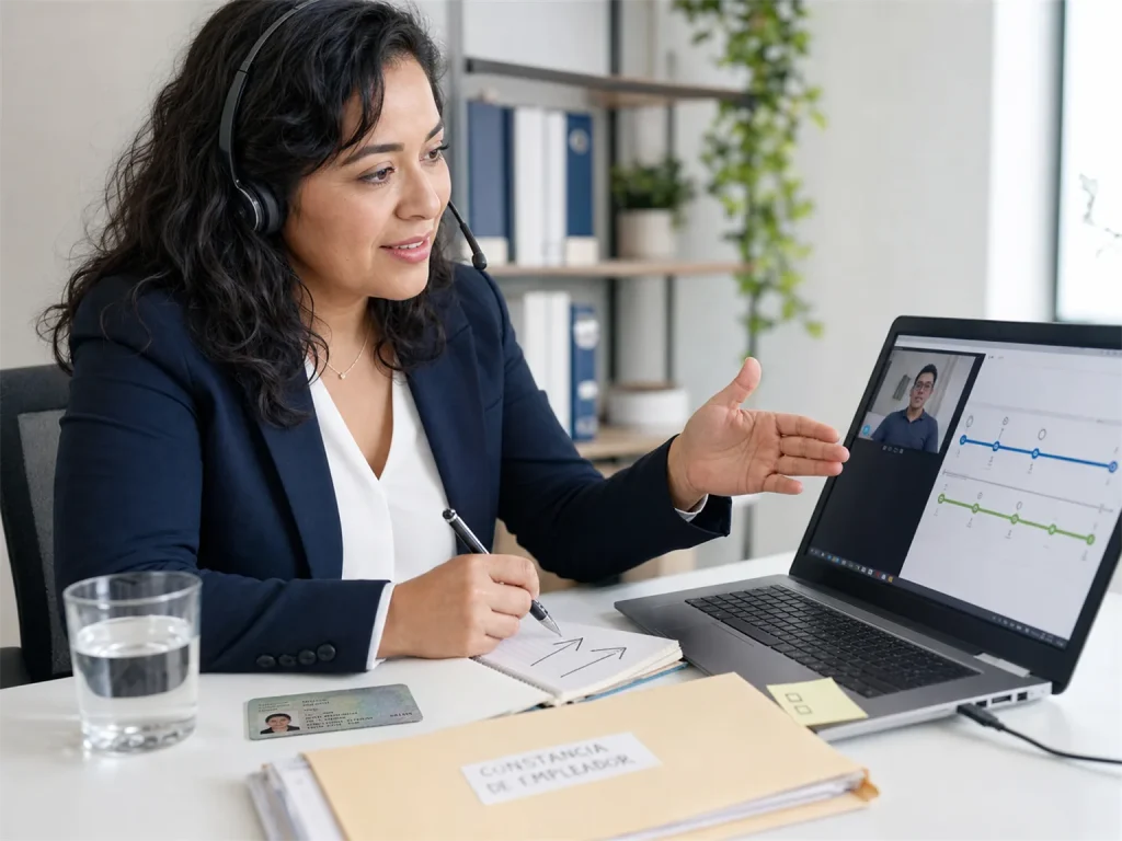 Checklist para Actualizar la Constancia de Empleador 7 Asesora migratoria en videollamada orientando sobre la constancia de empleador con una visa en trámite
