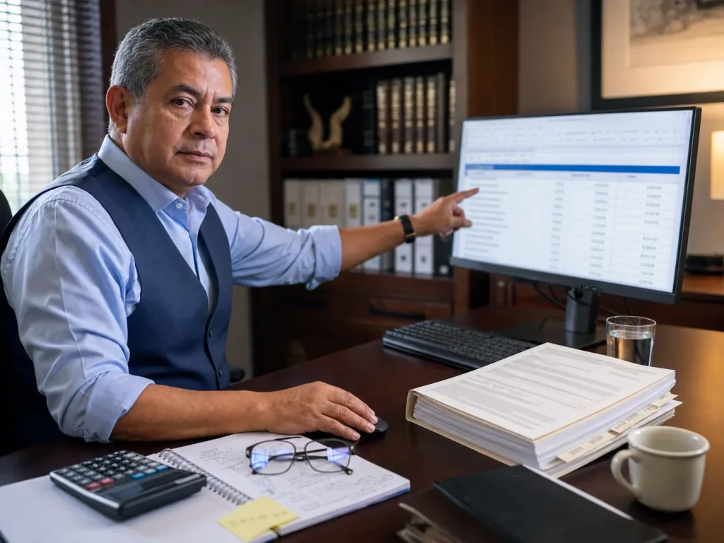Abogado migratorio mostrando en pantalla el cálculo de una sanción administrativa por no notificar cambio al INM