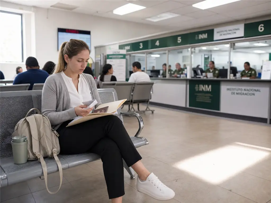 Sala de espera del INM en el trámite de canje por la tarjeta de residente temporal estudiante