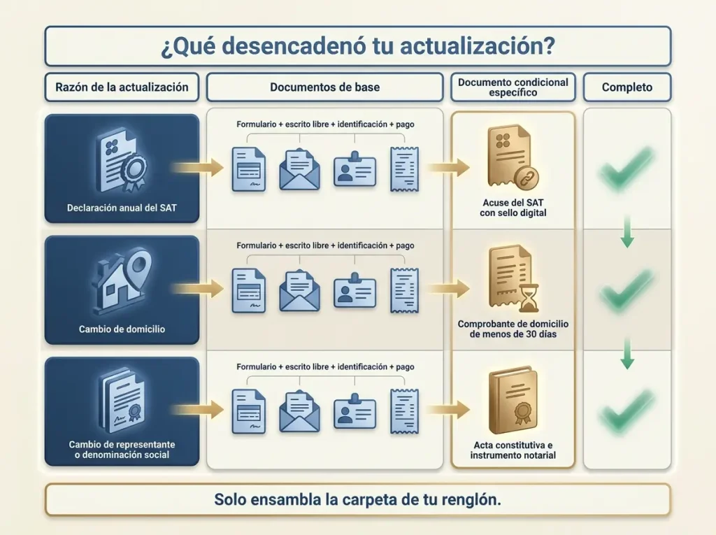 Checklist para Actualizar la Constancia de Empleador 3 Infografía comparativa mostrando qué documentos aplican según el motivo de actualización de la Constancia de Empleador ante el INM