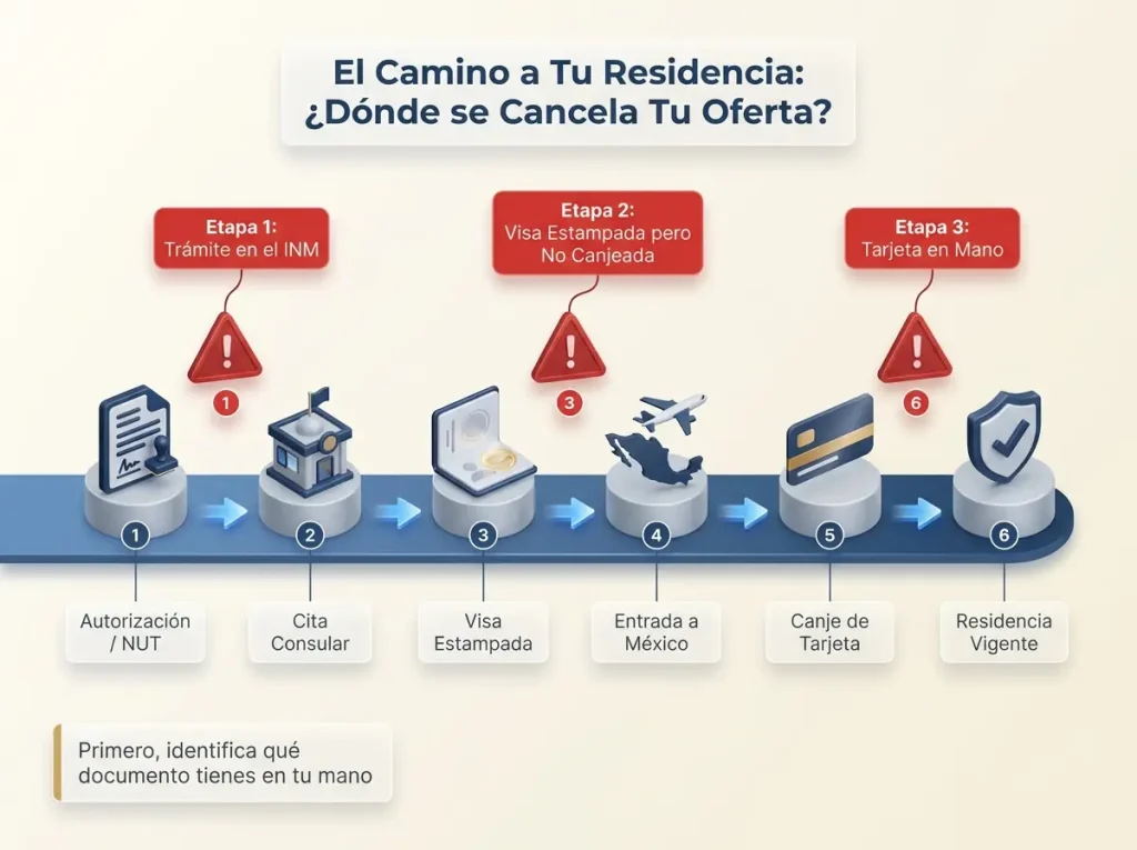 Infografía mostrando línea de tiempo del trámite de residencia con 3 etapas donde puede caer la cancelación de la oferta de empleo