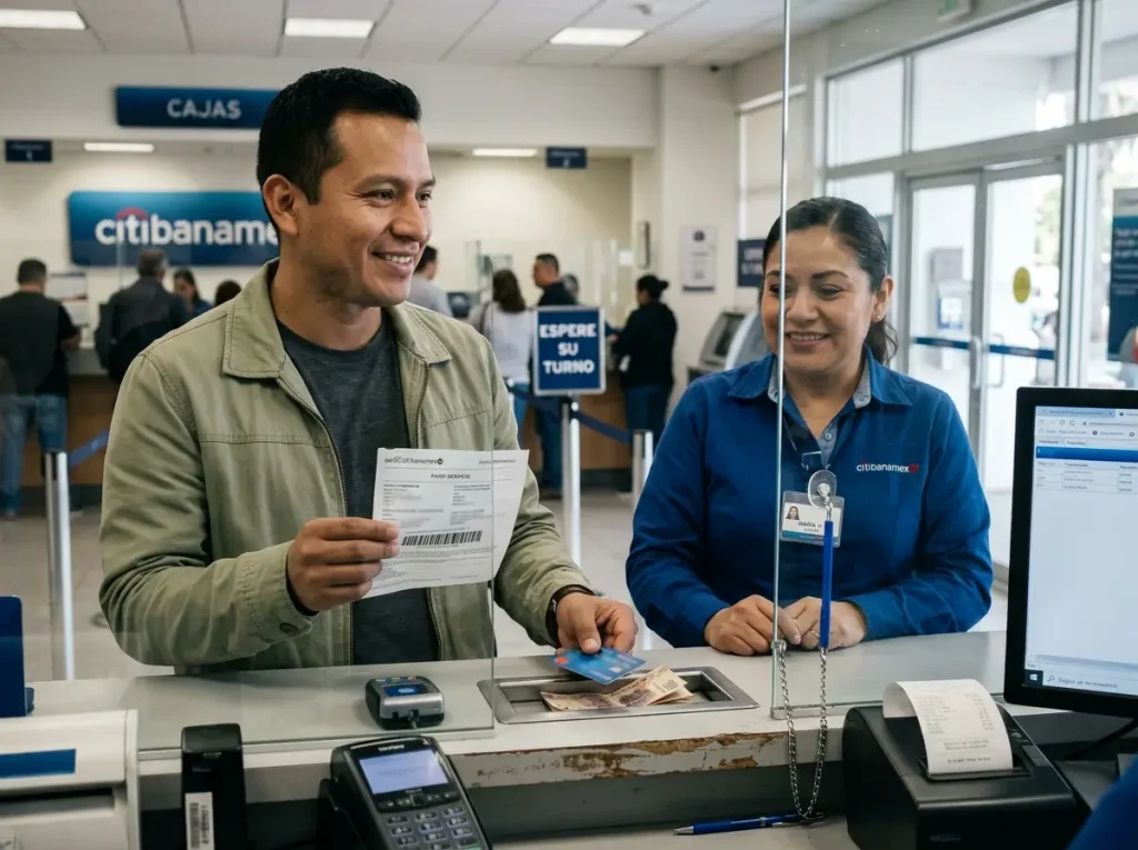 Regularización Familiar ¿Cuánta Multa Pagas en 2026? 5 Cliente paga la multa de la regularización familiar mediante línea de captura en la ventanilla de un banco
